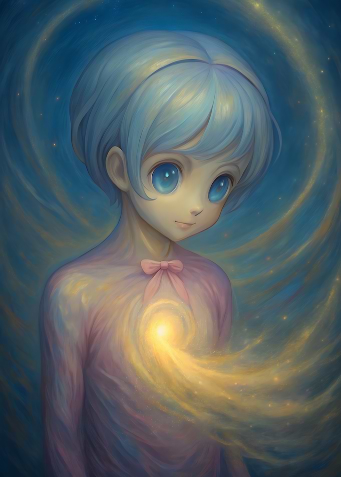 Dreamy Blue-Haired Child with Glowing Heart Galaxy