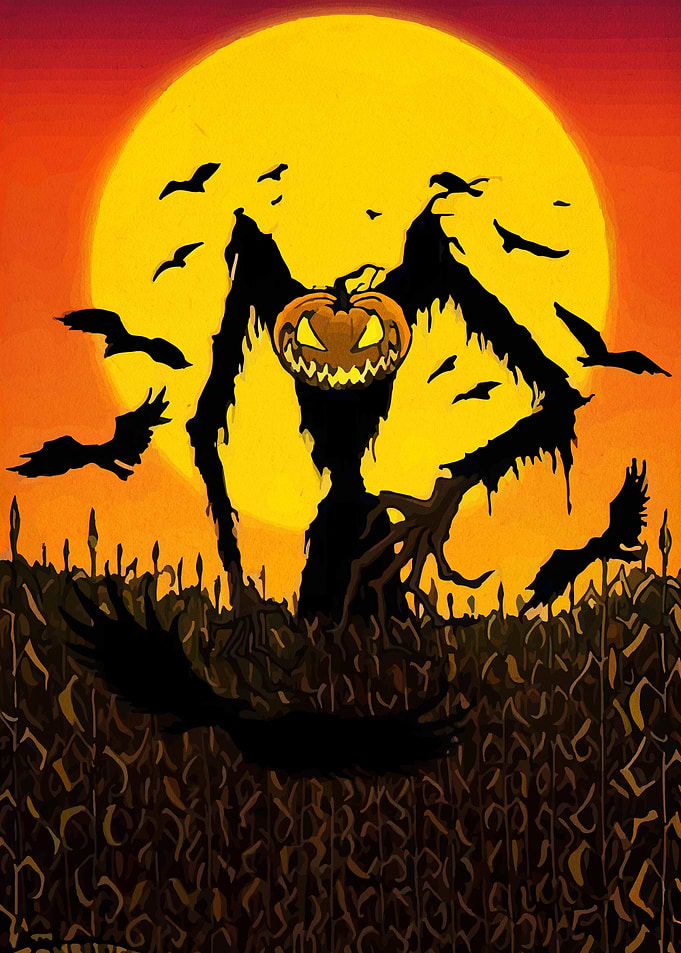 Halloween Pumpkin Scarecrow in Cornfield