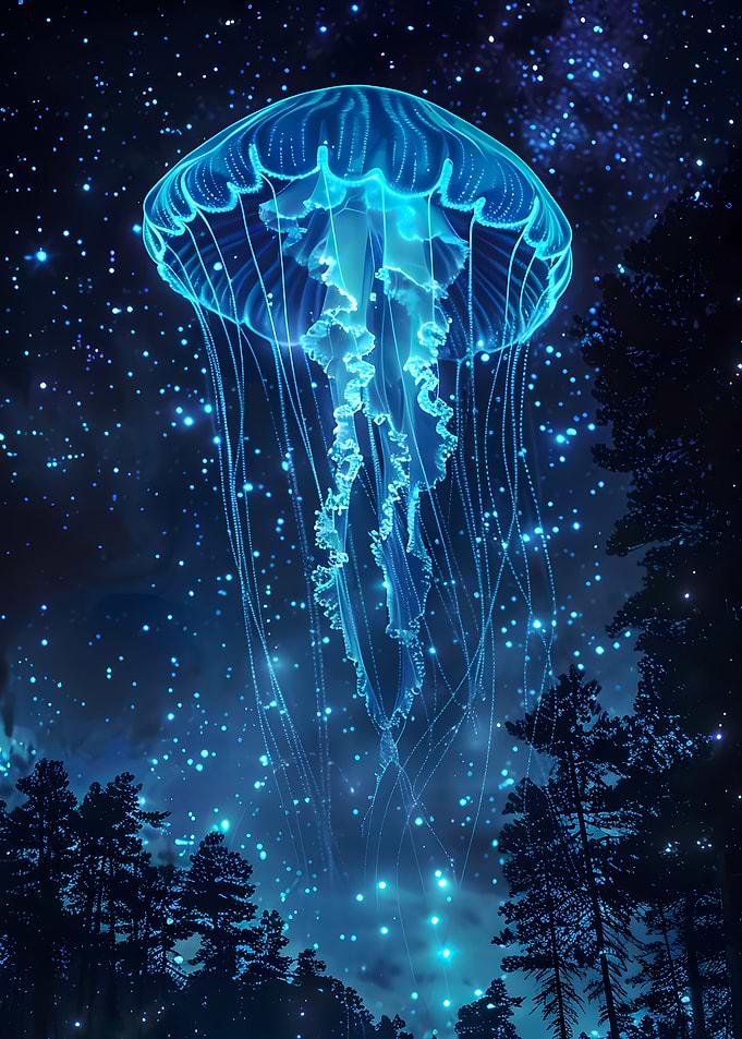 Glowing Jellyfish in Starry Night Forest