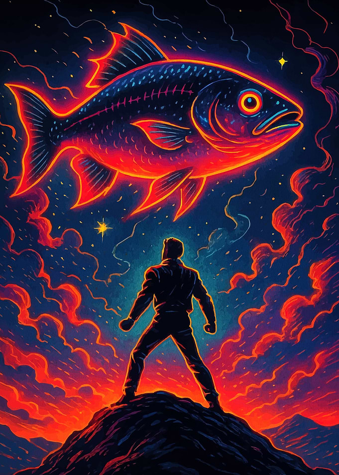 Man and Glowing Fish in Night Sky