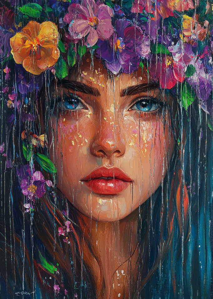 Floral Crowned Woman in Rain Painting