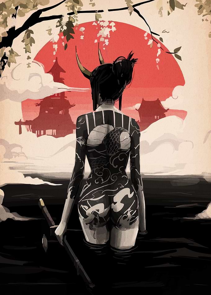 Horned Woman with Tattoos in Water