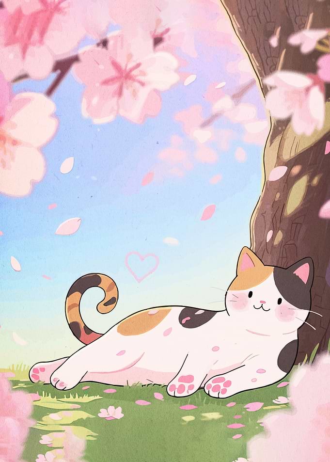 Calico Cat Under Cherry Blossom Tree