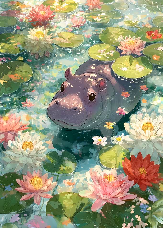 Hippo in a Lily Pond