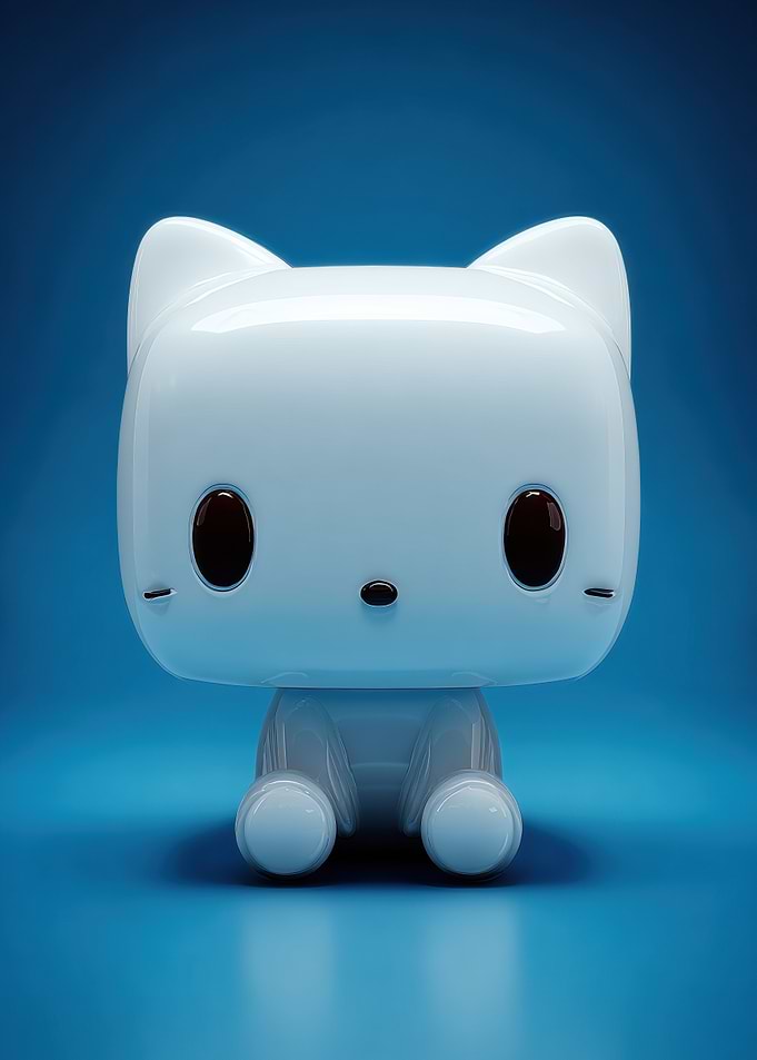 Cute White Cat Figurine on Blue