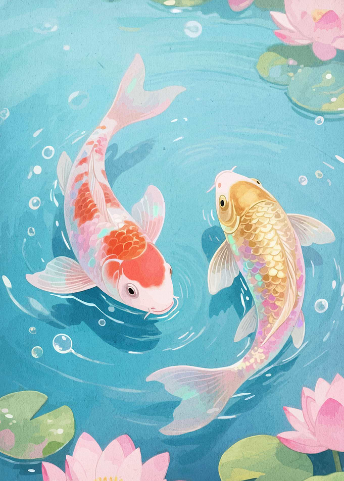 Koi Fish in Pond with Lilies