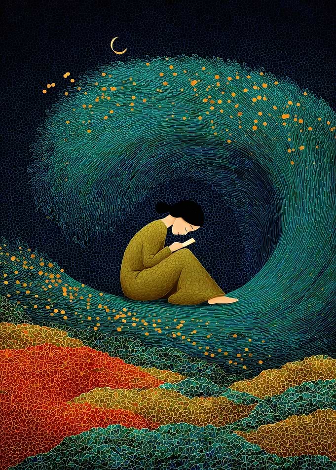 Woman Reading Under Crescent Moon Art