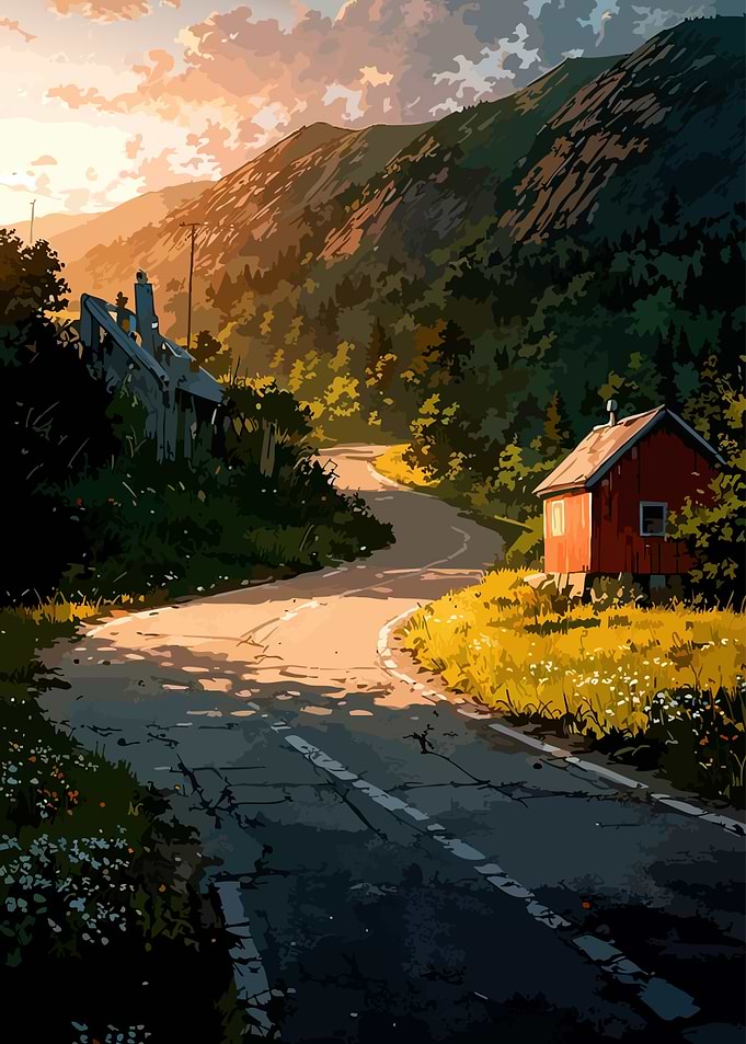 Scenic Road with Red House Landscape