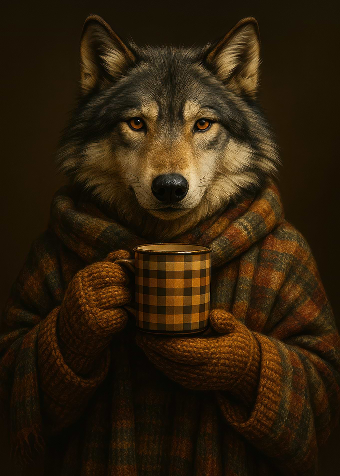 Wolf in Plaid with Coffee Mug