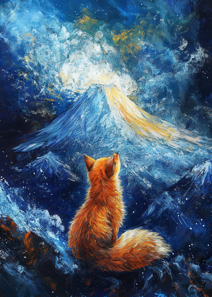 Fox gazing at mountain peak painting