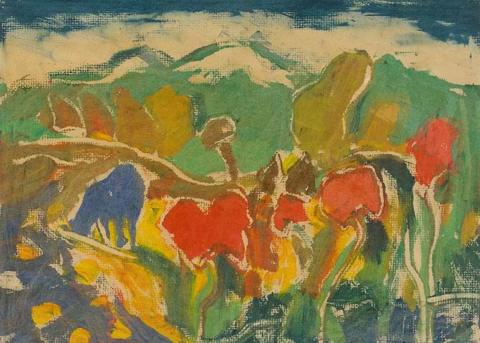 Abstract Landscape Painting with Red Flowers