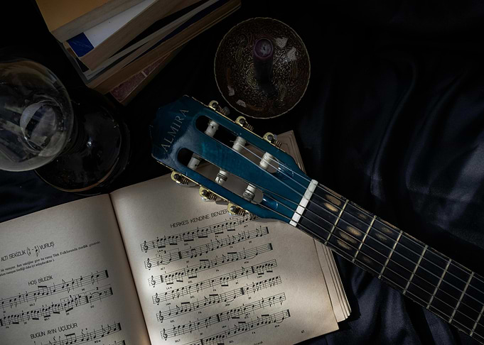 Guitar, Sheet Music, and Still Life