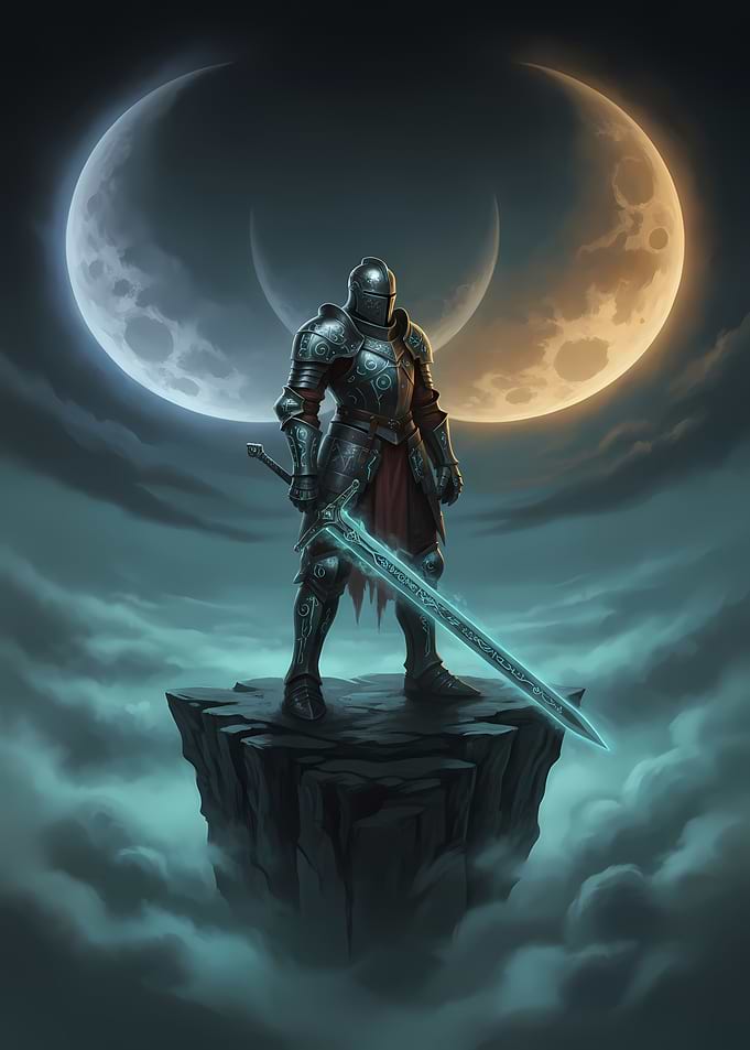 Knight with Glowing Sword on Cliff