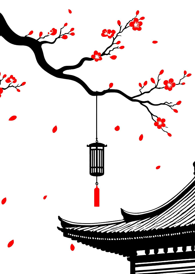 Japanese Temple with Cherry Blossoms