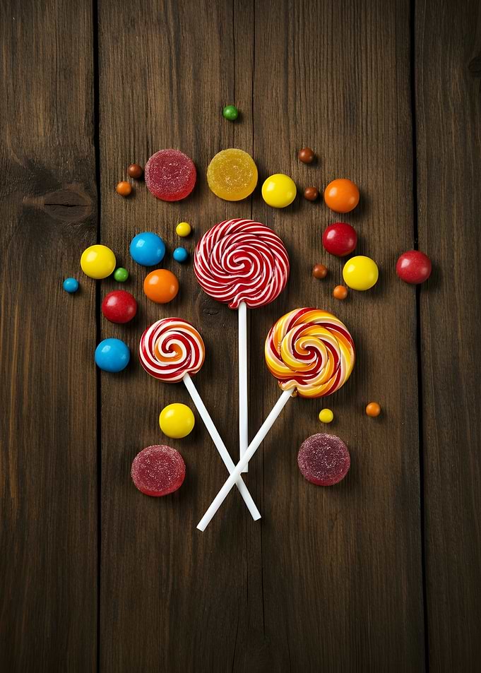 Colorful Candy Arrangement on Wooden Surface