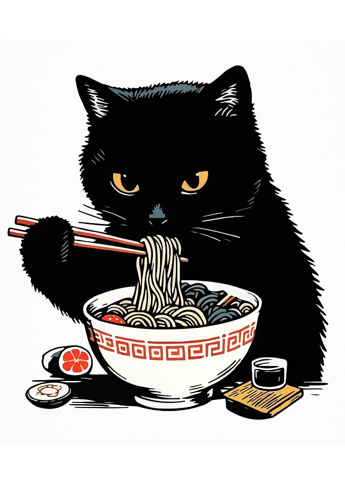 Black Cat Eating Ramen Illustration