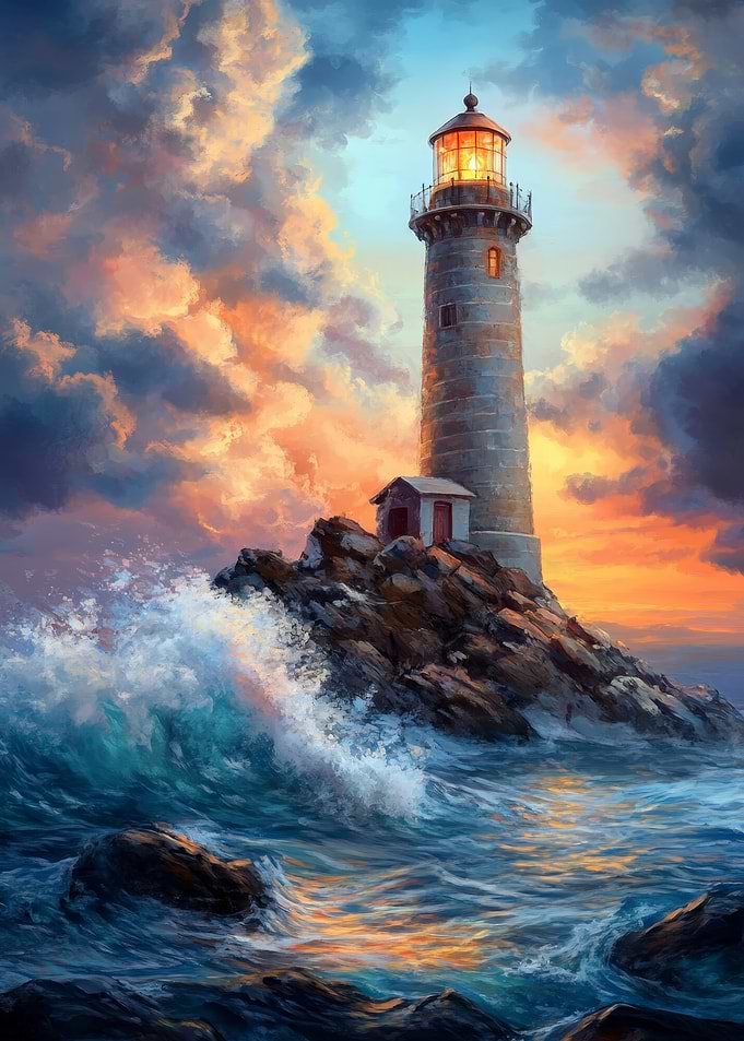Lighthouse on Rocky Coast at Sunset