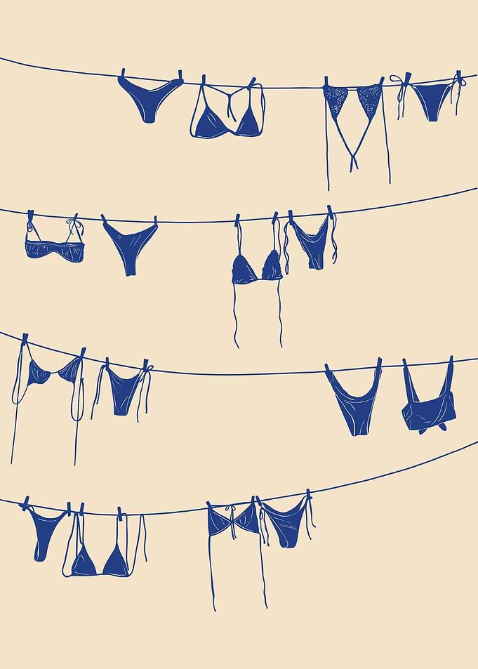 Blue Swimsuits on Clothesline Illustration