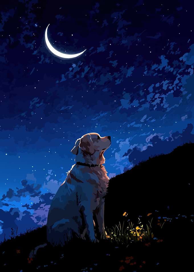 Dog Gazing at the Moonlit Sky