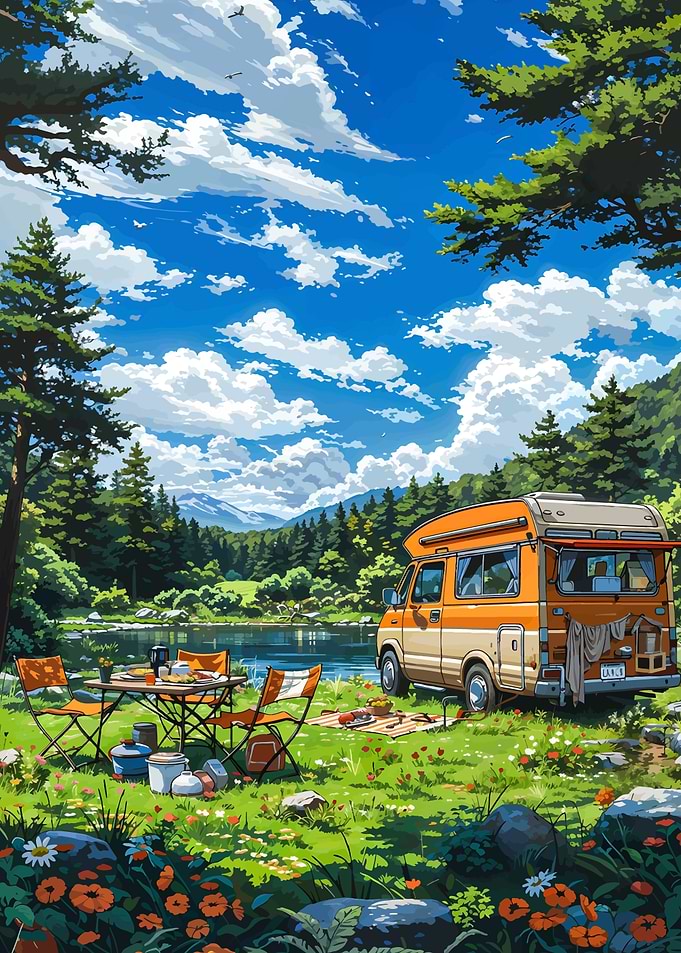 Camping Van by Lake Anime Style