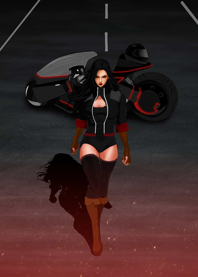 Cyberpunk Girl and Futuristic Motorcycle