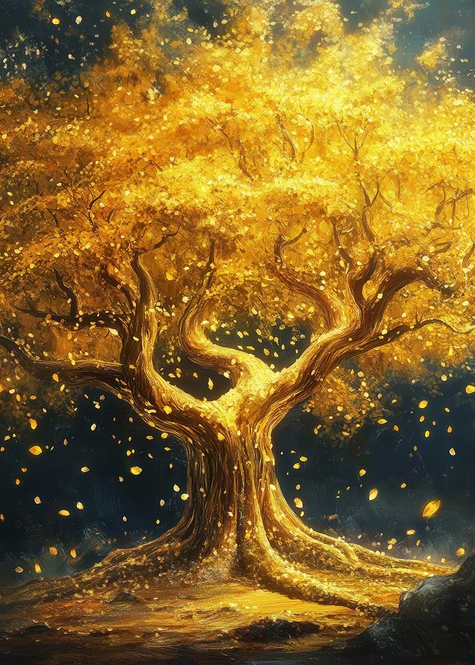 Golden Tree with Falling Leaves