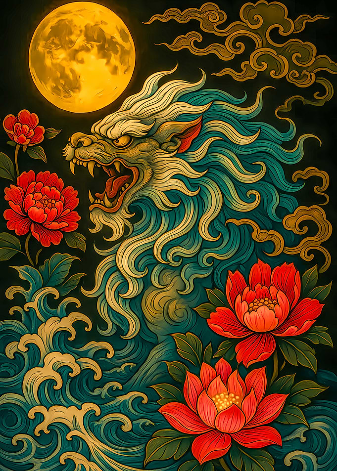 Chinese Lion, Moon, and Flowers