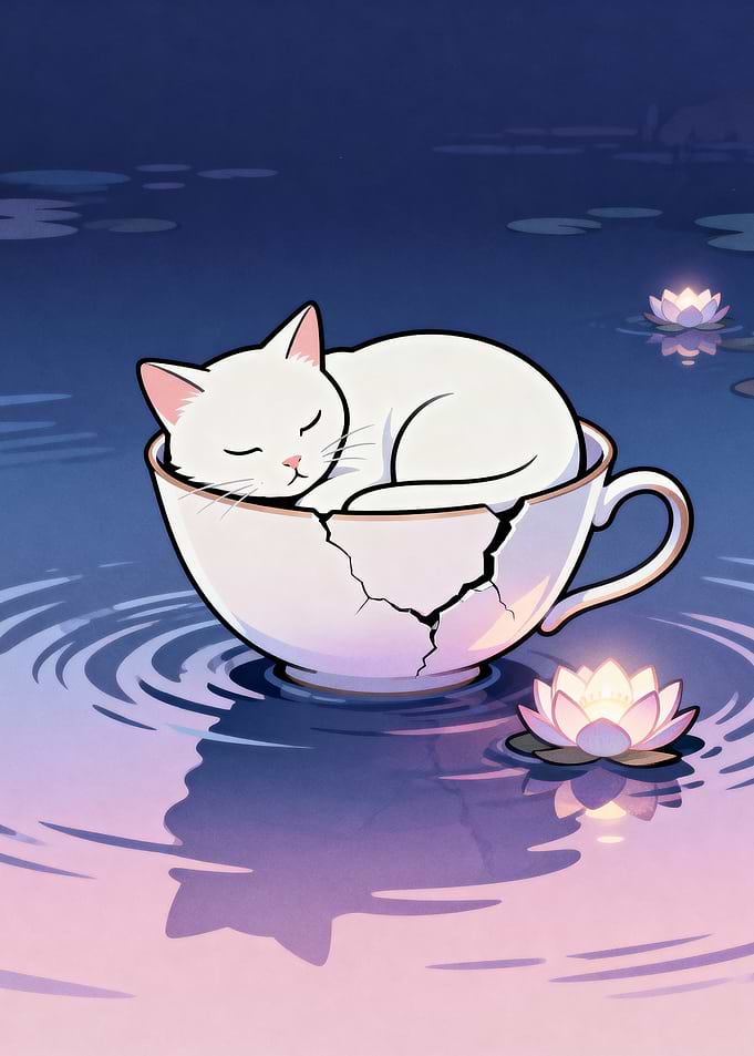 Sleeping Cat in Teacup on Water