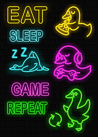 Eat Sleep Game Repeat Neon Ducks