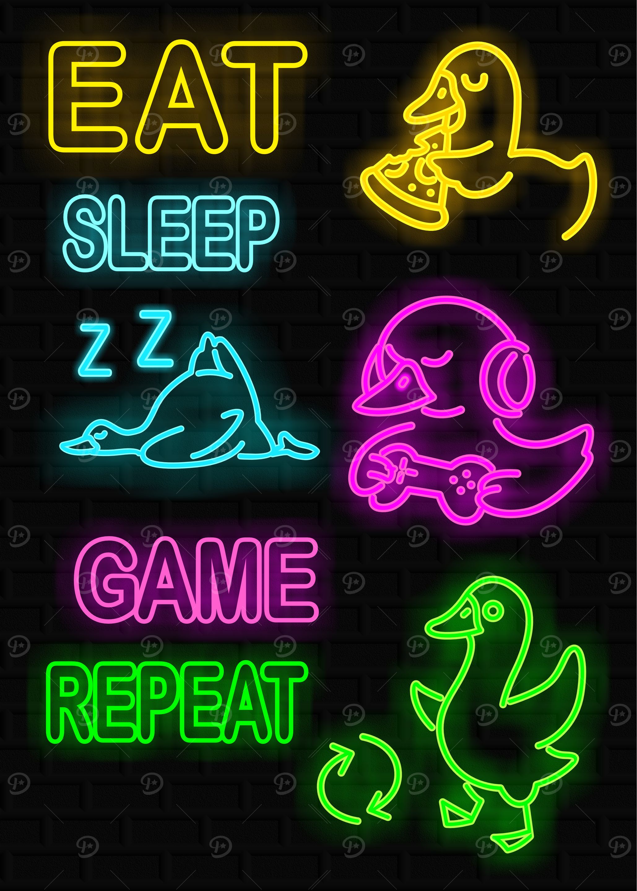 Eat Sleep Game Repeat Neon Ducks