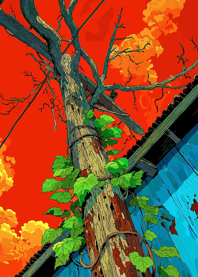 Vines on a weathered wooden pole