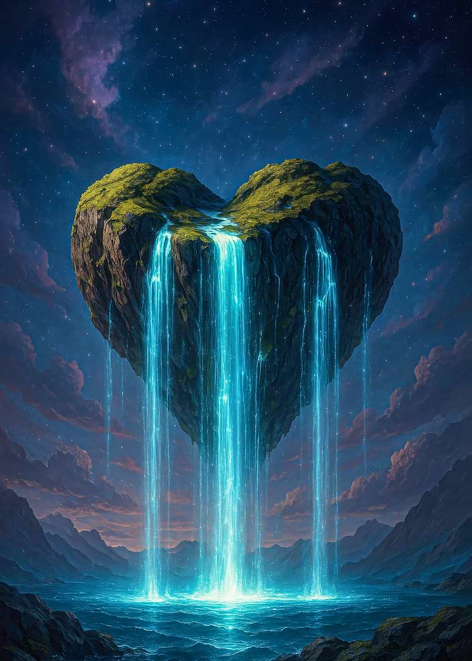 Fantasy Floating Heart Island Waterfall