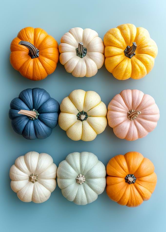Colorful Pumpkins on Blue Background | Minimal Fall Decor