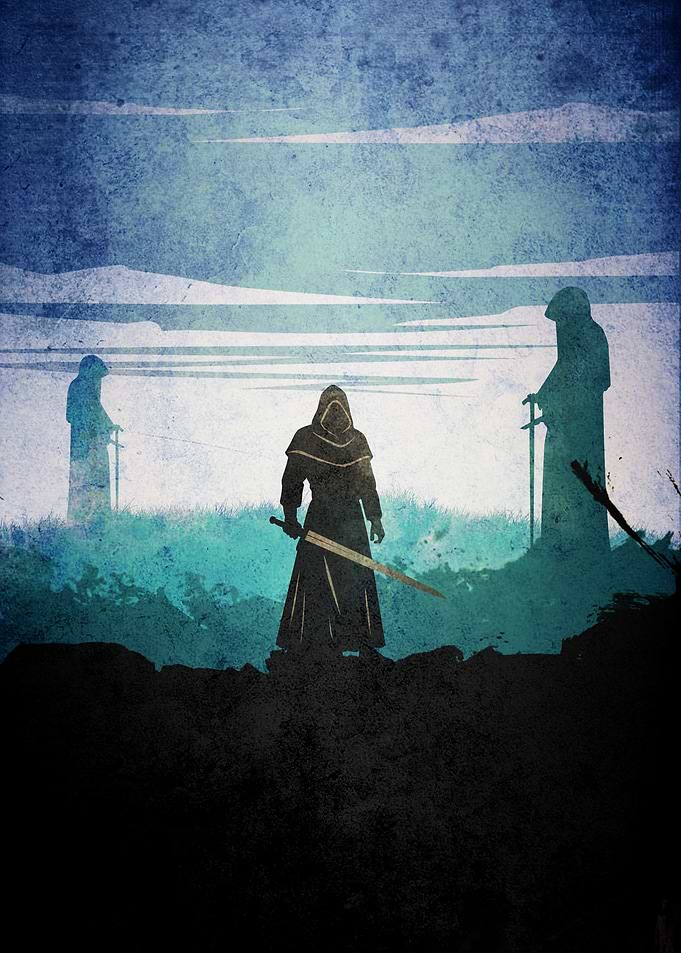 Hooded Figures with Swords in Landscape