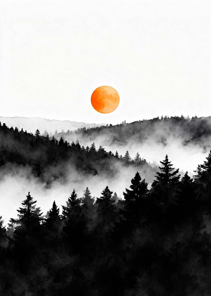 Misty Forest with Orange Sun