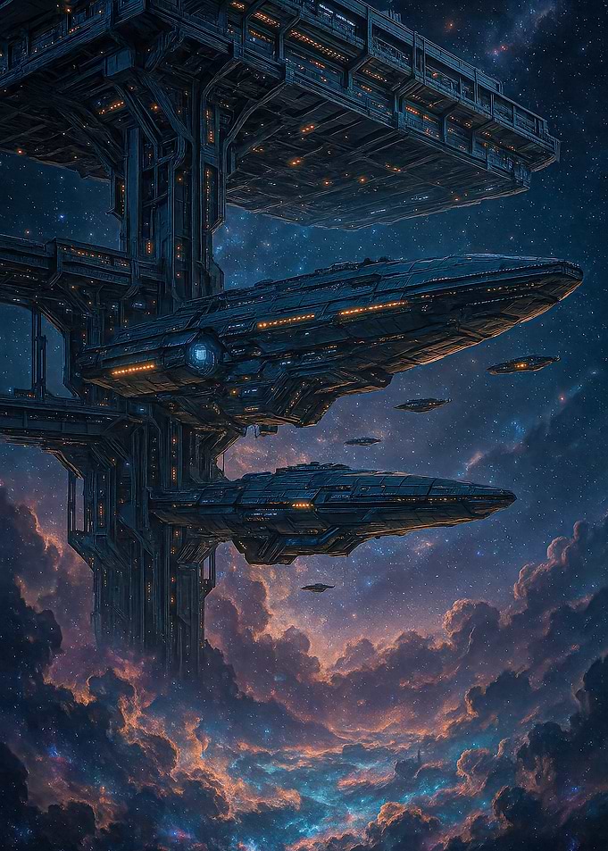 Fantasy Futuristic Space Station with Spaceships