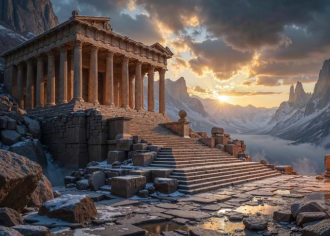 Ancient Temple Ruins at Sunset