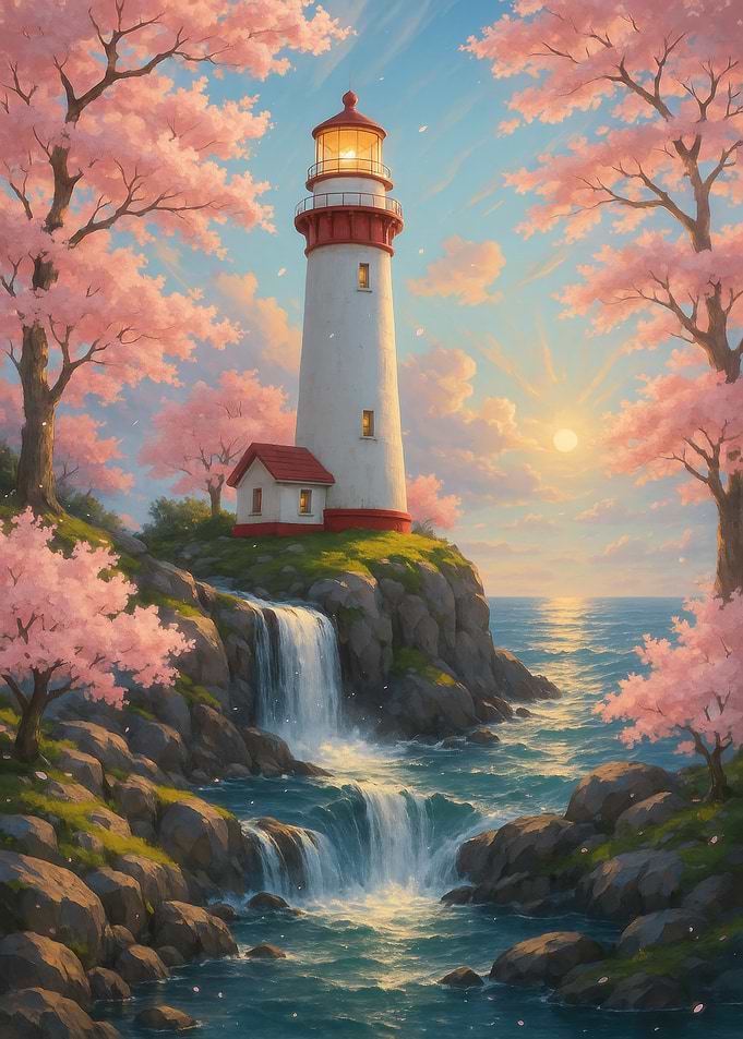 Lighthouse with Cherry Blossoms and Waterfall