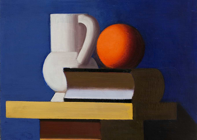 Arrangement with white jug, orange and book by Vilhelm Lundstrom