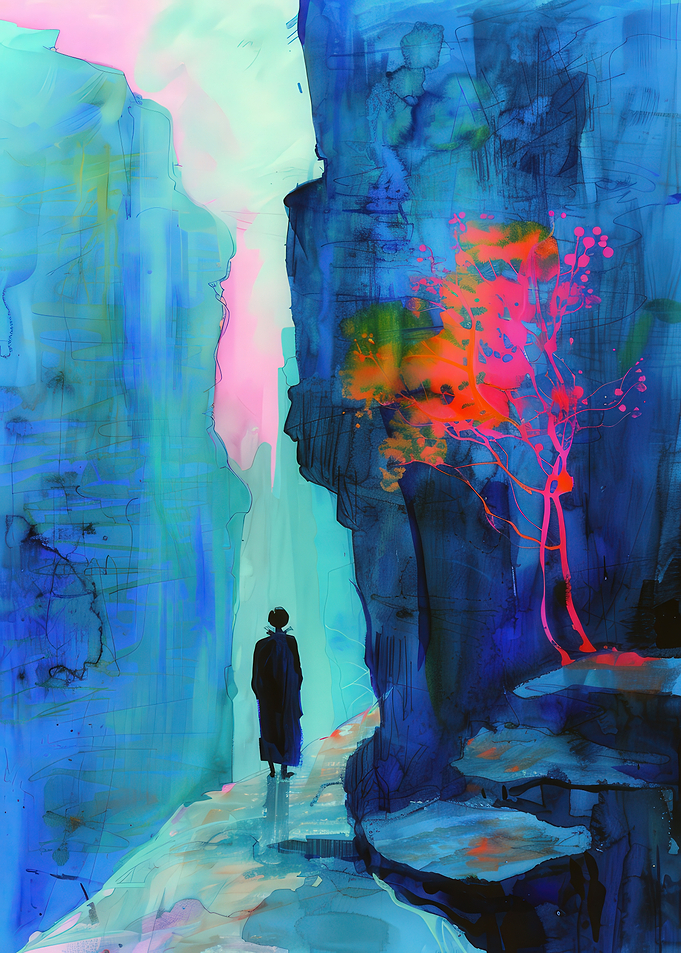 Abstract Figure in Blue Landscape Painting
