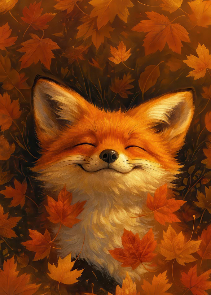 Smiling Fox in Autumn Leaves