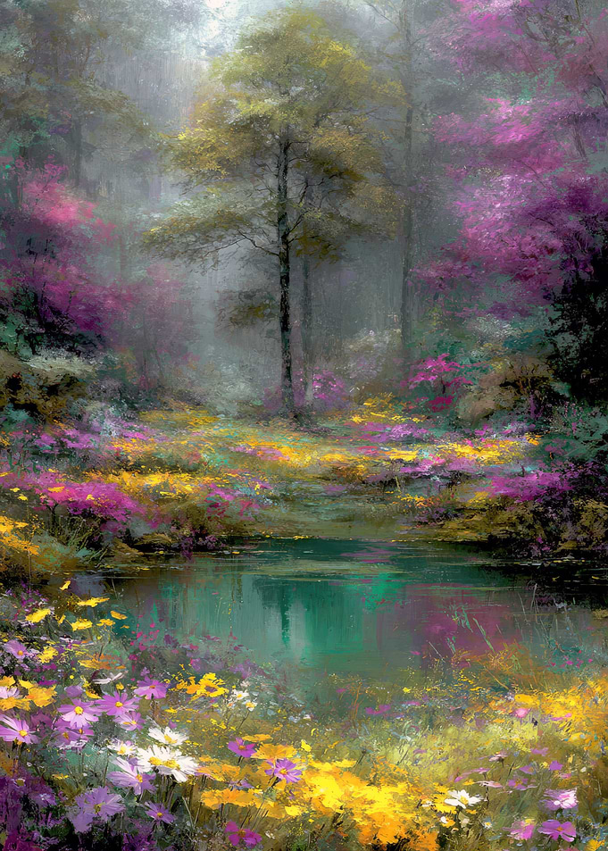 Floral pond in a misty forest