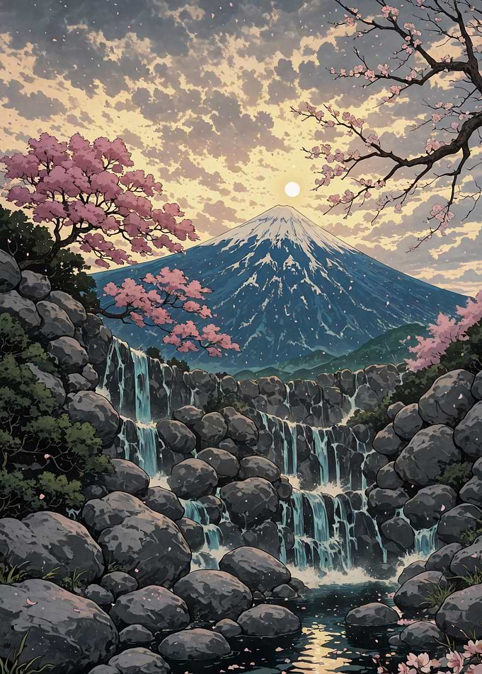 Mount Fuji and Cherry Blossoms Sakura Japanese Traditional Art Landscape