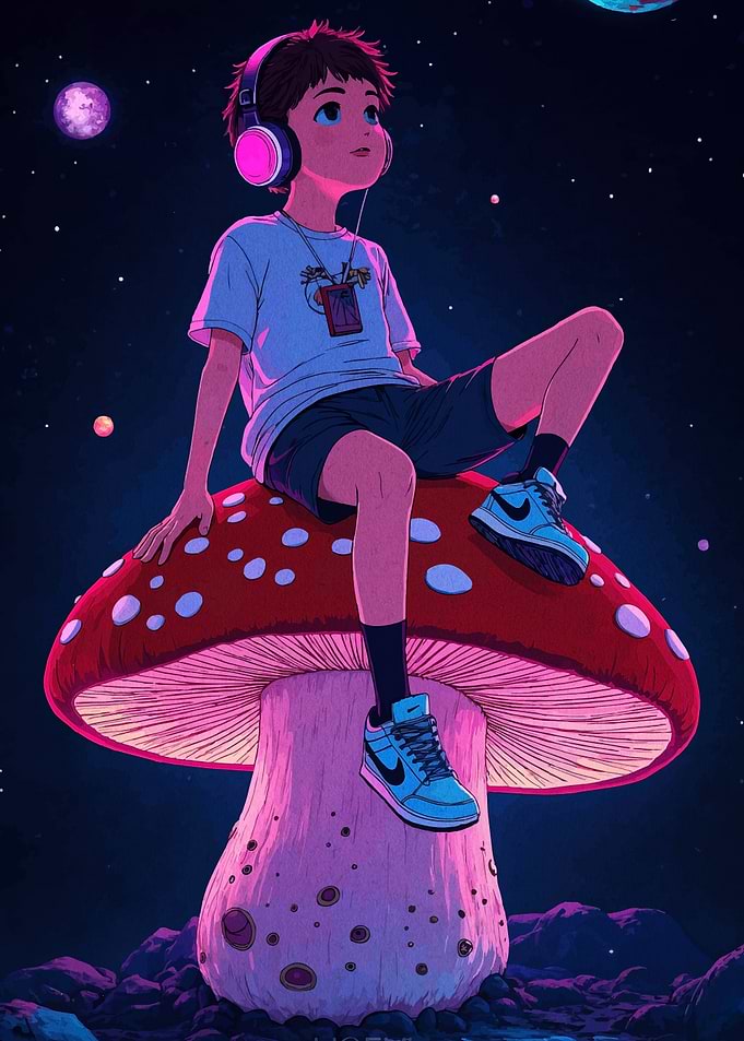 Boy on Mushroom with Headphones
