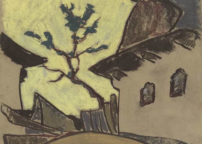 Pastel Drawing of Building and Tree