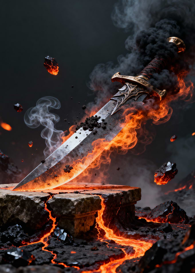 Fiery Sword on Stone Pedestal