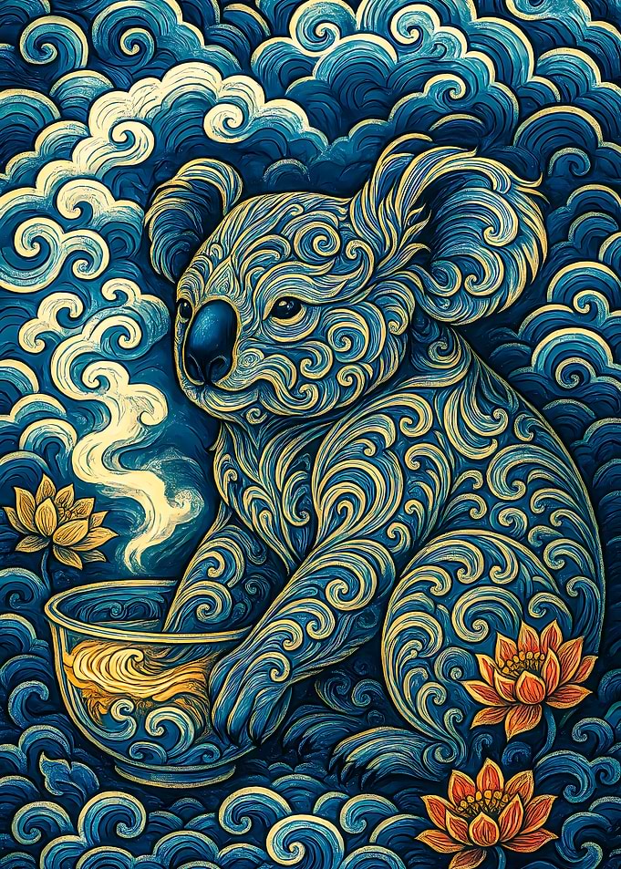 Ornate Koala with Tea Cup