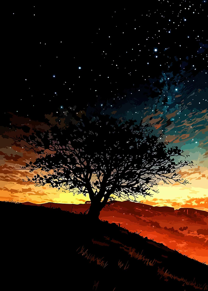 Silhouette Tree at Sunset with Stars