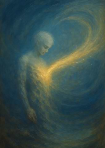 Ethereal Figure with Golden Heartlight in Blue Mist