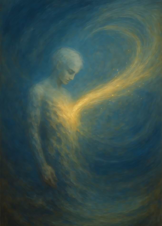 Ethereal Figure with Golden Heartlight in Blue Mist